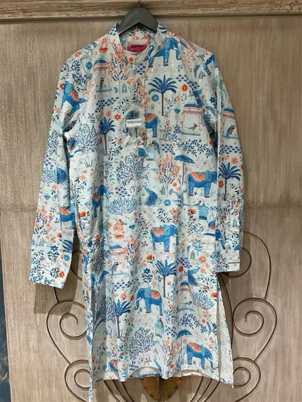 Men's Blue Floral & Elephant Print Kurta Shirt